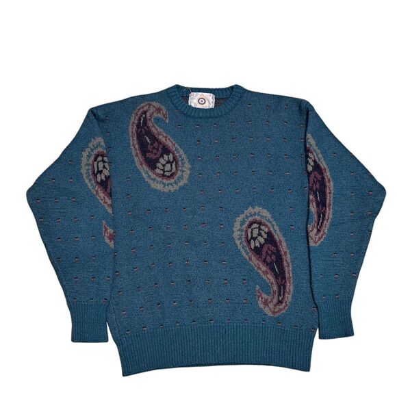 Vintage RAF Roughwear Paisley Wool Preppy Grunge Sweater Knitwear Medium Teal - Picture 1 of 13